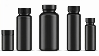Black pharmaceutical containers of different sizes for storing medical products, vitamins, tablets.. Tall, wide and small closed cylindrical bottles and tubes with lid mockup. Realistic 3d vector