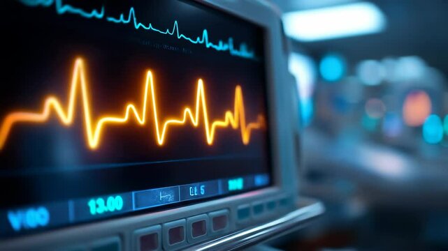 Close-up of a patient monitor displaying vital signs with heartbeat and rhythm. Blurred hospital background adds medical context and urgency.

