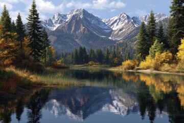 Scenic mountain lake reflection with autumn forest vista