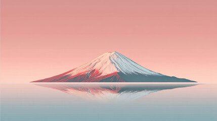 Snowy mountain with calm water reflection at sunset