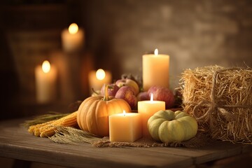 Harvest still life with pumpkins and warm candlelight