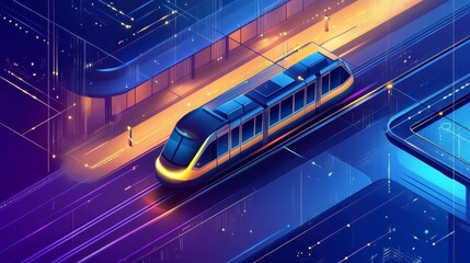 Futuristic Tram in a Vibrant Cityscape, Illuminated Tracks and Energy Flow, Digital Art Representation of Modern Urban Transportation