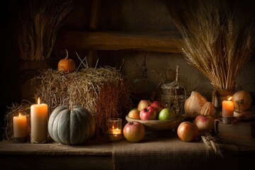 Harvest still life with pumpkins and warm candlelight