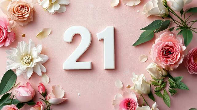 Floral 21st birthday card design. Pink roses and white flowers surround the number 21 on a pink background.