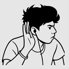 Intrigued Listener: A stylized illustration of a young man intently listening through earphones, his hand cupping his ear to enhance hearing.  The image conveys focus and attentiveness.