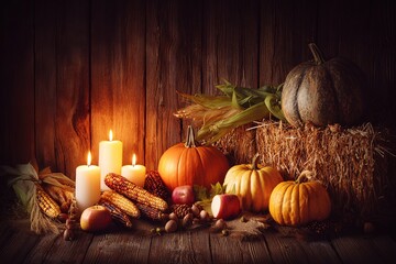 Harvest still life with pumpkins and warm candlelight