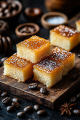 Stack of four brownies with powdered sugar on top