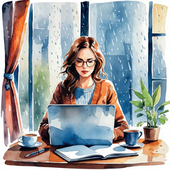 Freelance writer in café. Watercolor vector with laptop and coffee cozy writing scene.