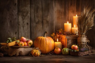 Harvest still life with pumpkins and warm candlelight
