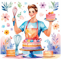 Baker decorating cake. Watercolor vector of sweet pastry work scene isolated illustration.