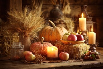 Harvest still life with pumpkins and warm candlelight
