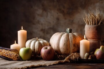 Harvest still life with pumpkins and warm candlelight
