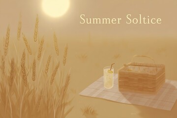 Golden Summer Solstice scene with picnic and wheat fields
