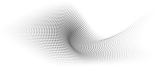 Flowing Wave Dot Halftone Pattern: Curve Gradient Shape on Transparent Background. Suitable for AI, Tech, Network, Digital, Science, and Technology Themes.