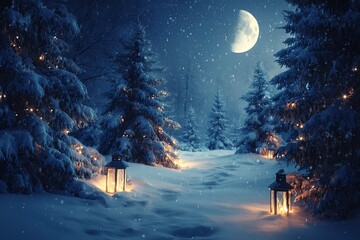 Serene Winter Solstice landscape with snow and moonlight
