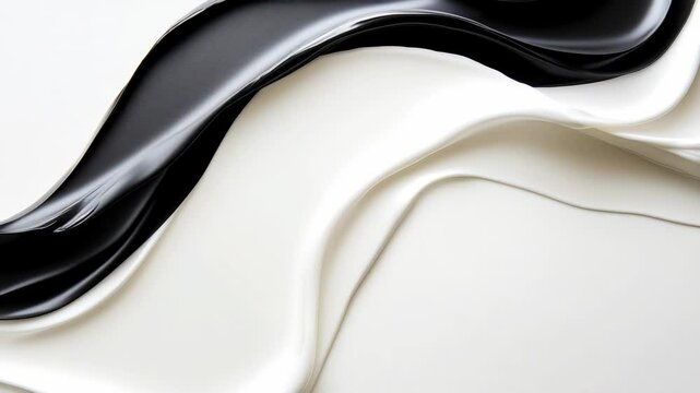 Smooth, glossy black and white paints intertwine, creating a mesmerizing abstract visual
