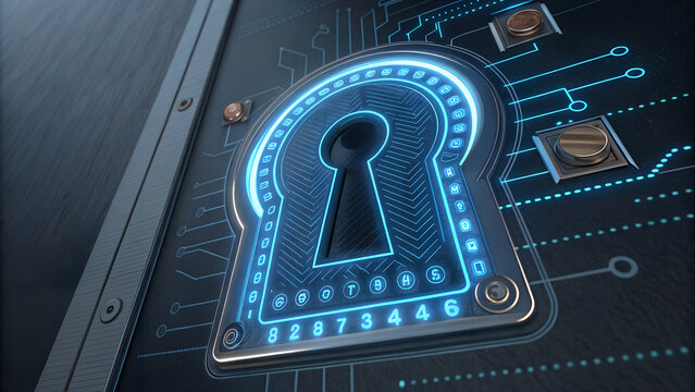 Futuristic Keyhole with Glowing Circuitry and Numeric Code Panel Design