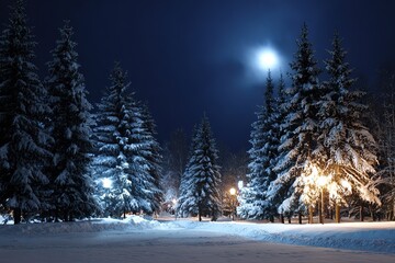 Serene Winter Solstice landscape with snow and moonlight
