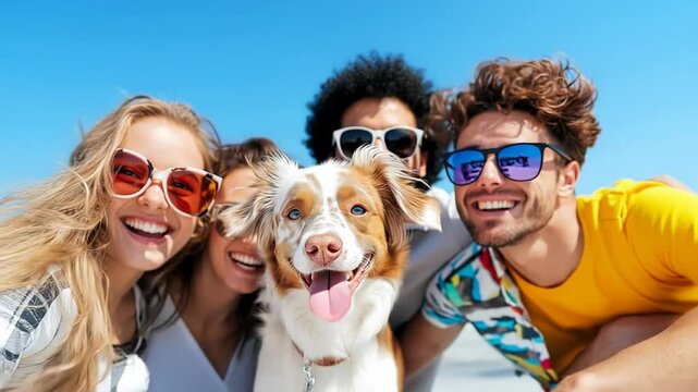 Group of cheerful young friends embracing their Australian shepherd dog while smiling at camera on a sunny day