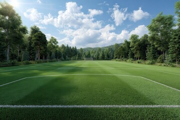 Green soccer field surrounded by trees on a sunny day