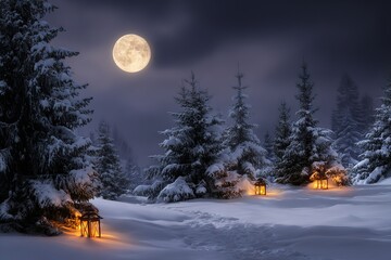 Serene Winter Solstice landscape with snow and moonlight
