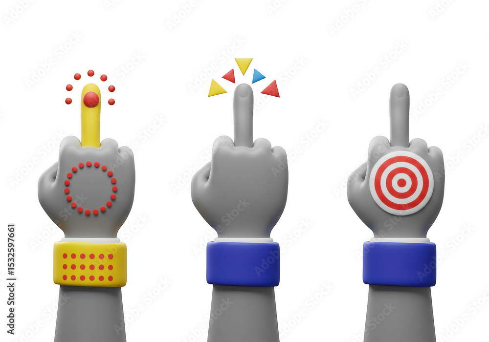 Poster three 3d hands gesturing with icons isolated on transparent background