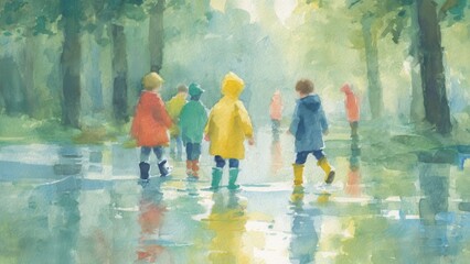 雨の日に水たまりで遊ぶ子どもたちの水彩イラスト - カラフルなレインコートと長靴_2