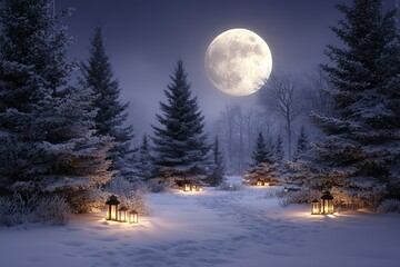 Serene Winter Solstice landscape with snow and moonlight
