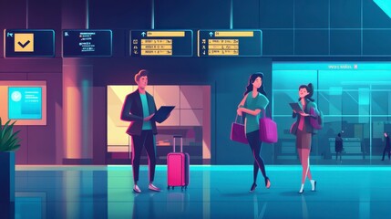 Modern airport interior with diverse travelers waiting, checking devices, and interacting with digital flight information displays in vibrant, colorful lighting