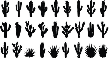 Silhouette cactus vector collection, desert plant illustrations, tropical succulent icons, black cactus shapes for nature, botanical, gardening, or decoration use
