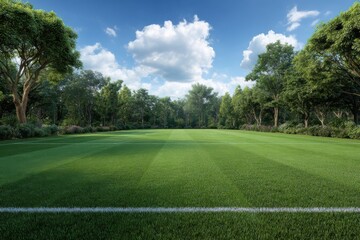 Obraz premium Lush green field surrounded by trees under a bright sky