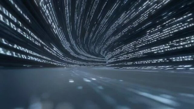 Infinite loop of glowing program commands scrolling through futuristic digital space