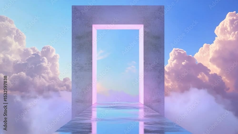 Poster Portal to the Sky: An enchanting scene presents an illuminated portal set against a backdrop of fluffy clouds in the ethereal sky, inviting exploration of dreams and possibilities.