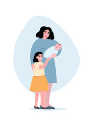 Mother with her children. Woman holds baby in her arms, daughter is next to her. Vector flat graphics of happy family.