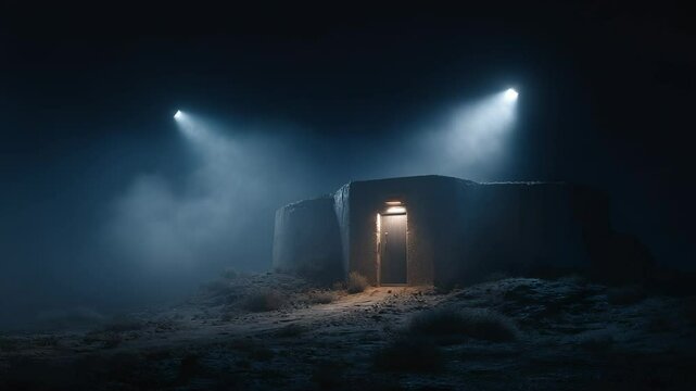 Mysterious Bunker Entrance Illuminated by Spotlights in a Foggy, Dark Landscape, Suggesting Secrecy and Intrigue, Ideal for Thriller or Sci-Fi Concepts