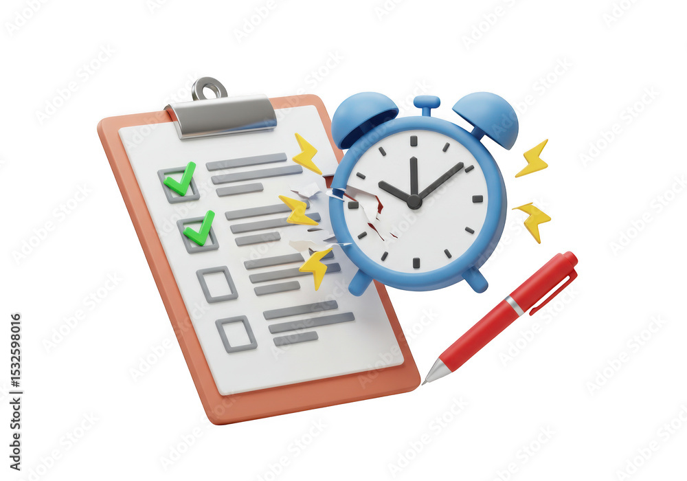 Poster broken alarm clock checklist deadline concept isolated on transparent background