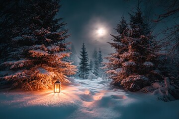 Serene Winter Solstice landscape with snow and moonlight

