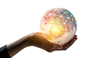 holding glowing sphere in hand displaying network on white background PNG. AI GENERATED