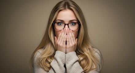 young woman with glasses covers her face with her hands in shock