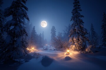 Serene Winter Solstice landscape with snow and moonlight
