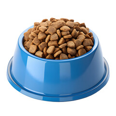 A blue pet food bowl filled with dry kibble on a solid black background.