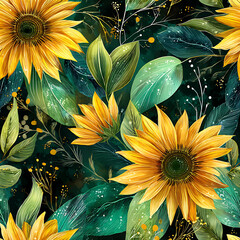 A vibrant seamless floral pattern featuring bold yellow sunflowers and rich green leaves in a glossy, airbrushed style on a dark artistic background. Perfect for fabric prints, home decor, packaging, 