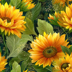 A vibrant seamless floral pattern featuring bold yellow sunflowers and rich green leaves in a glossy, airbrushed style on a dark artistic background. Perfect for fabric prints, home decor, packaging, 