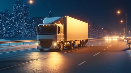 A cargo truck driving on a winter highway at night with glowing city lights and snow-covered trees, symbolizing logistics, delivery, and long-distance transportation.