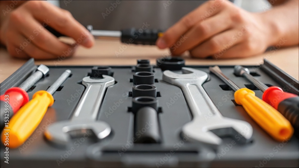 Poster Hands Using Mechanical Tools on Table with Toolbox and Wrenches