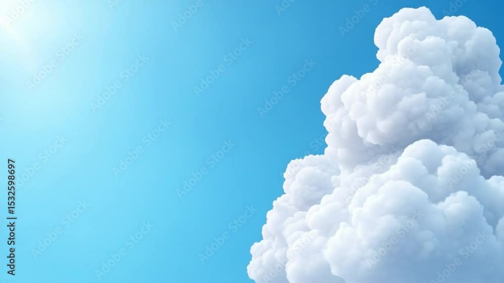 Poster puffy cloudscape: a captivating low-angle view of fluffy, cumulus cloud billowing against a clear bl