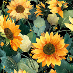 A vibrant seamless floral pattern featuring bold yellow sunflowers and rich green leaves in a glossy, airbrushed style on a dark artistic background. Perfect for fabric prints, home decor, packaging, 