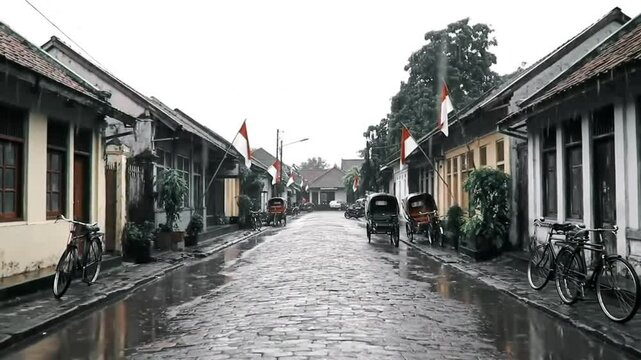 Rainy street in 1945 Surakarta, Indonesia. Cobblestone roads, colonial and Javanese houses, becaks, and puddles reflect a nostalgic, quiet post-war atmosphere.