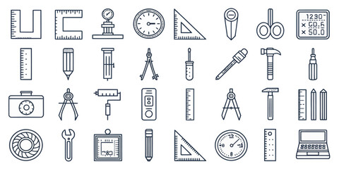 Naklejka premium Monochrome Line Icon Set of Mathematical and Drawing Tools