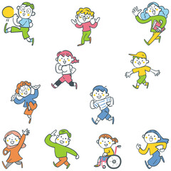 元気に歩くグローバルな大勢の小学生たち　セットのストックイラスト素材
